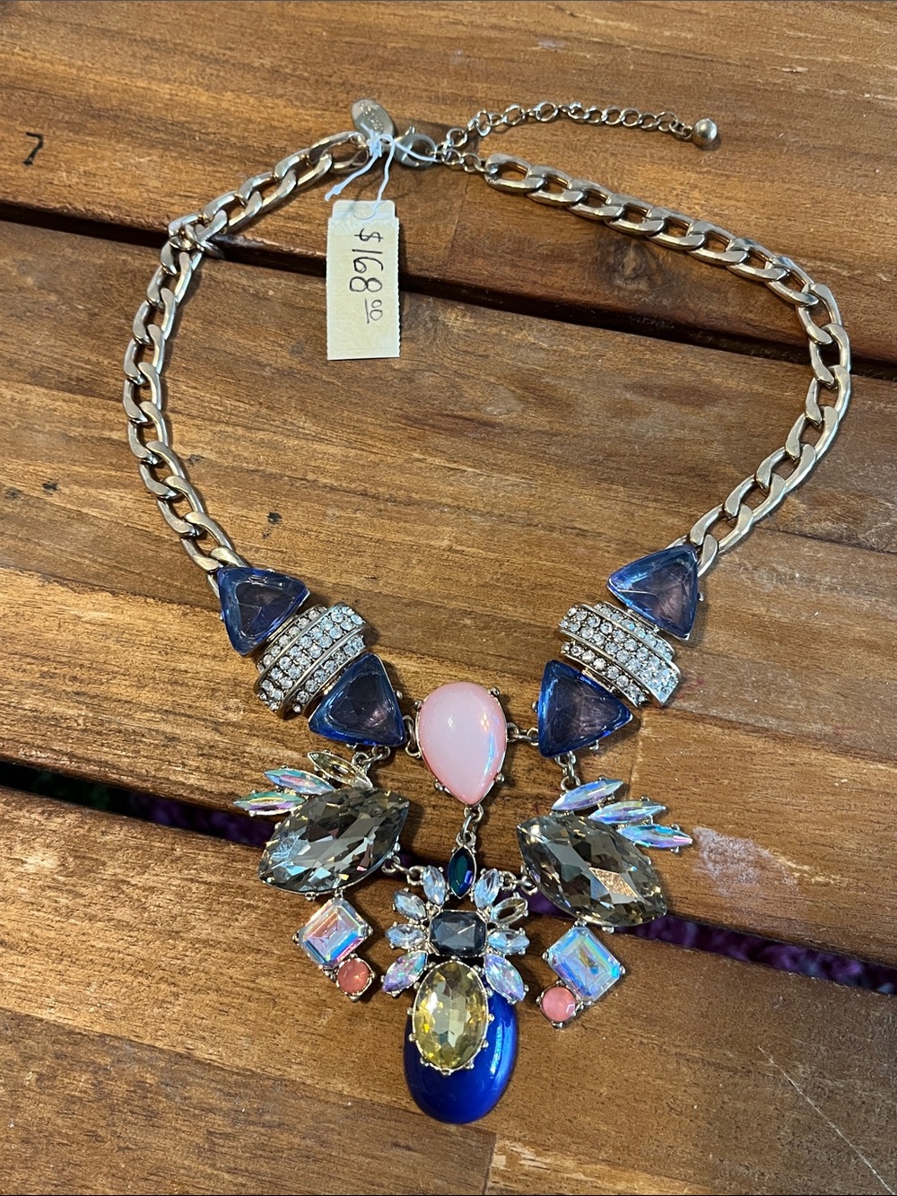 Vintage Handmade Silver Statement Crystal Bib Necklace in Blue and Pink